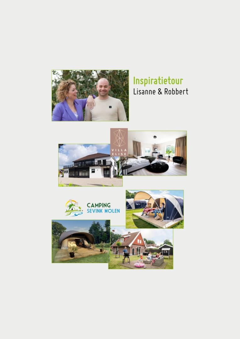Afbeelding van een promotionele poster voor de "Inspiratietour" met Lisanne & Robbert. Bovenaan een foto van het duo dat lachend naast elkaar staat. Daaronder foto's van de accommodaties.